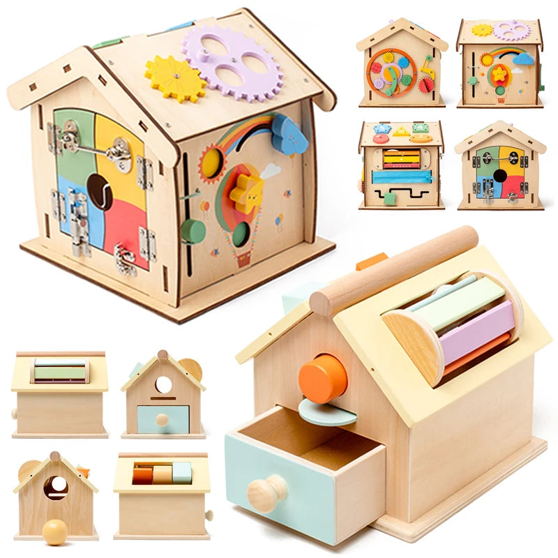 Kids Wooden Montessori House Busy Board &ndash; Object Permanence