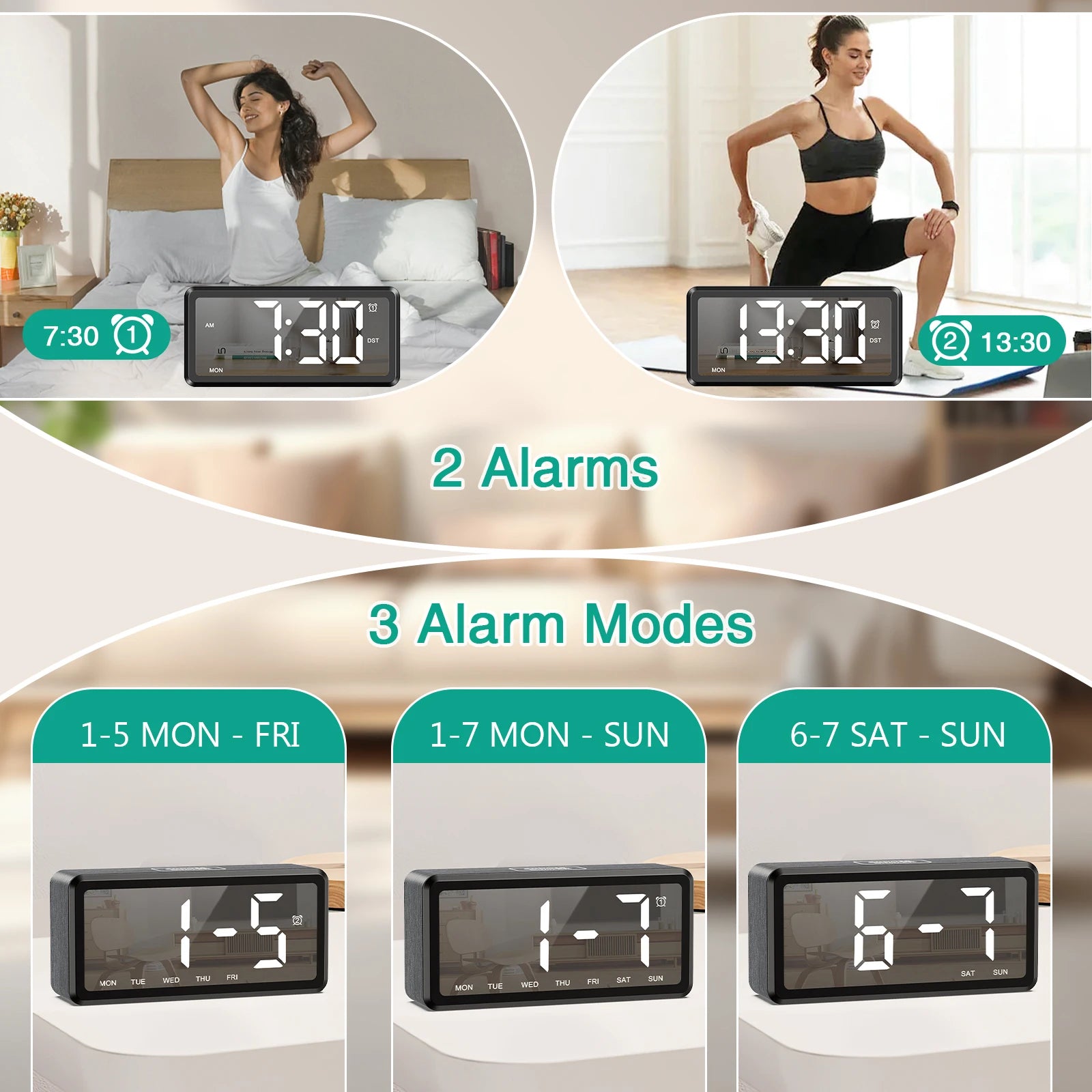 ORIA Wooden Grain Alarm Clock &ndash; Dual Alarm and Snooze Feature