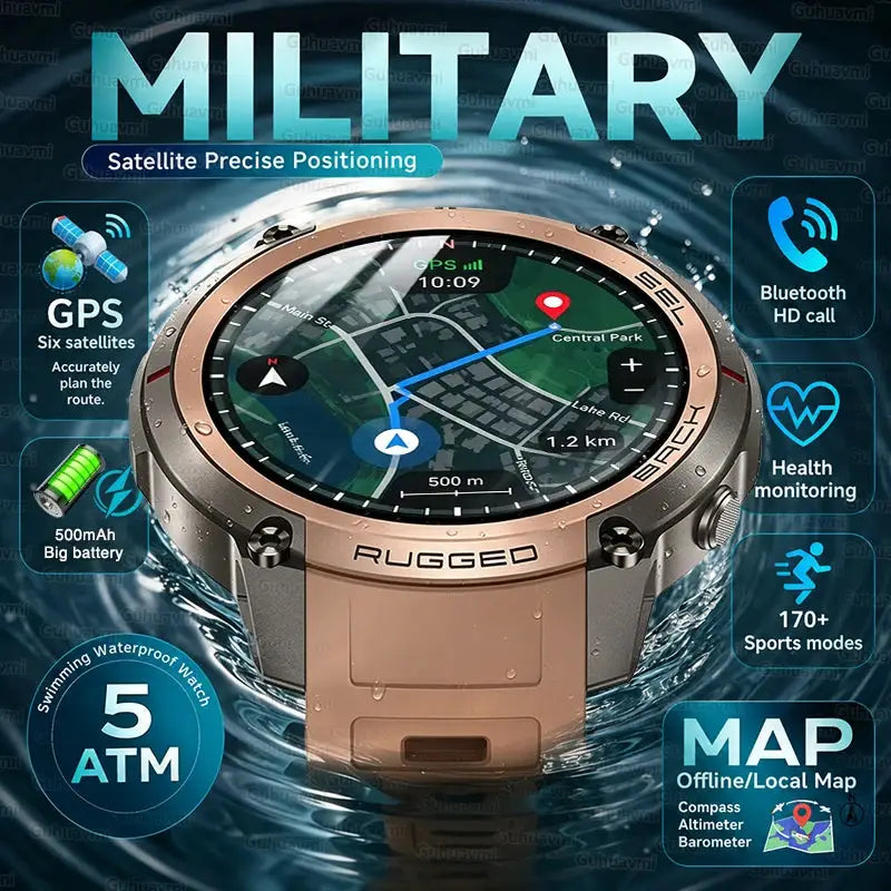 2026 Military Satellite Offline Map GPS Smart Watch Men 1.43''AMOLED Bluetooth Call Compass 5ATM Waterproof 170+Sport Smartwatch by InterCyprus Trading Ltd