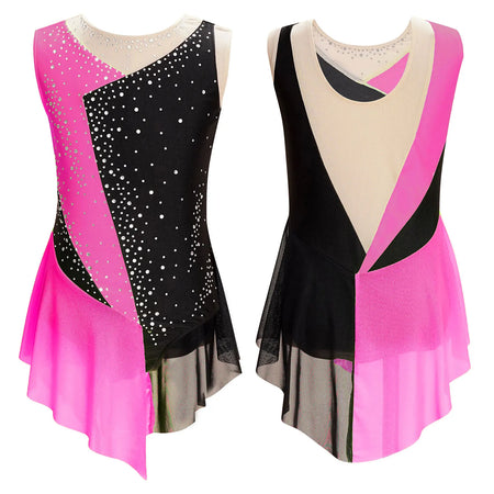 Girls Figure Ice Skating Dress &ndash; Color Block Rhinestone Design Hot Pink / 16