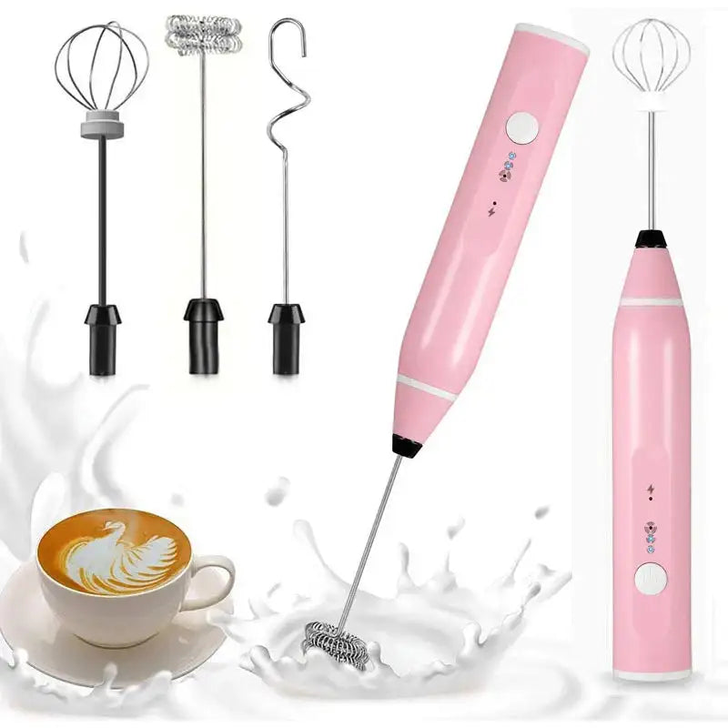 Mini USB Rechargeable Milk Frother Whisk Cappuccino 3 in 1 Pink