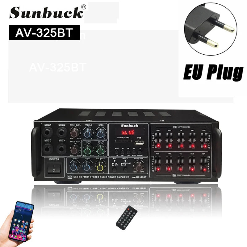 SUNBUCK 325BT Bluetooth Power Amplifiers 110/220V Audio Stereo Digital AMP Support 4 Mic Input USB SD FM AUX With Remote Control 325BT EU Plug