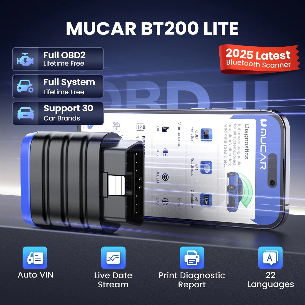 MUCAR BT200 LITE OBD2 Bluetooth Scanner &ndash; Full Diagnostics