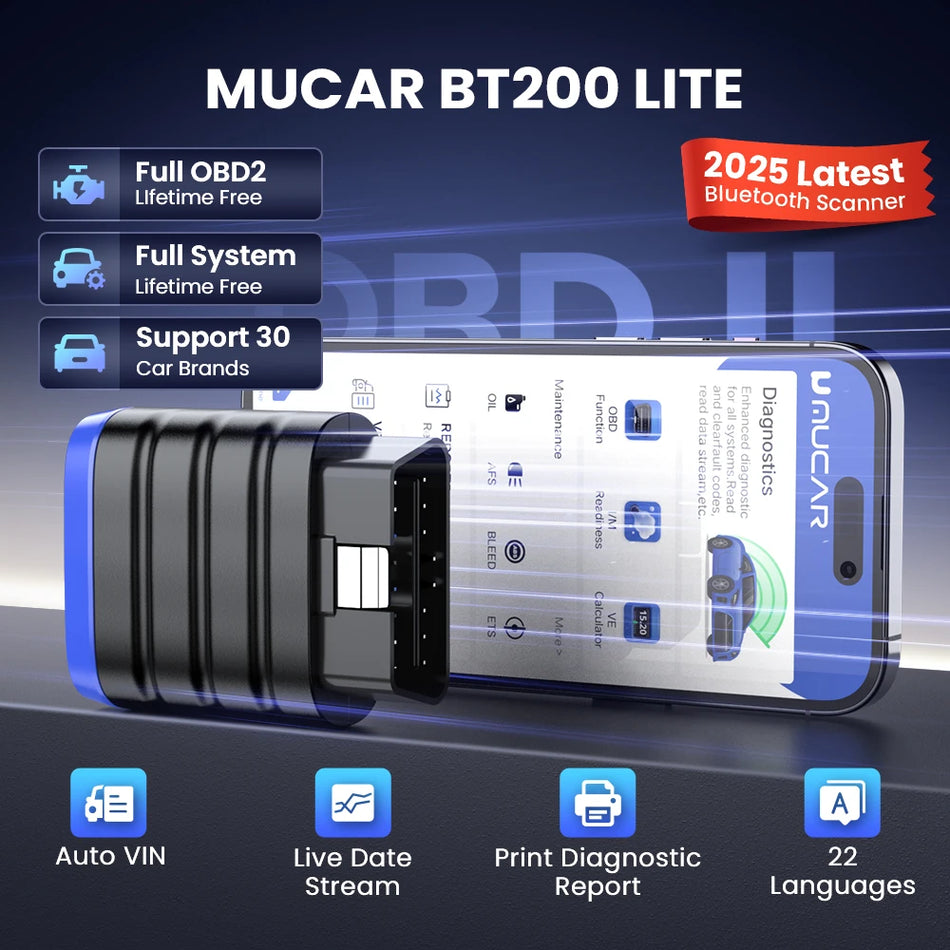 MUCAR BT200 LITE OBD2 Bluetooth Scanner &ndash; Full Diagnostics