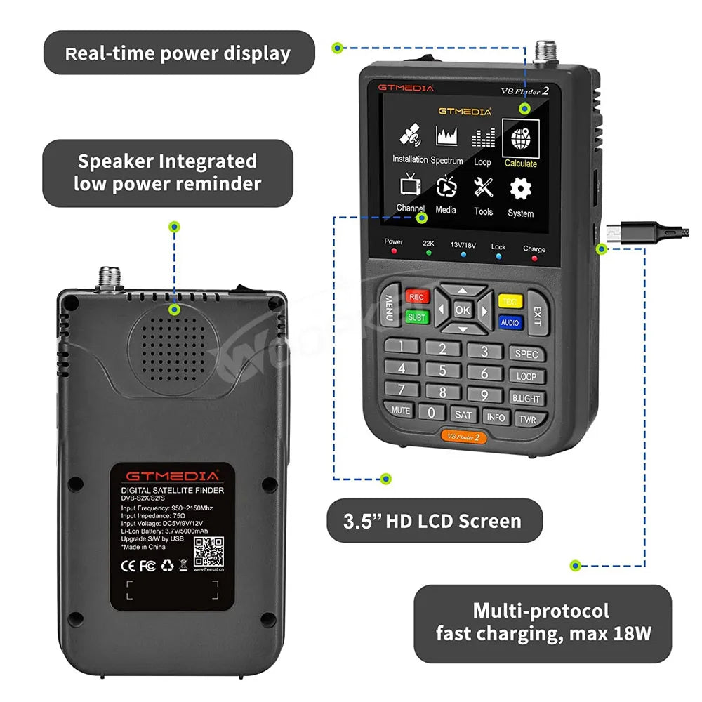 Woopker V8 Finder2 DVB-S2 1080P Satellite Finder Digital FTA DVB-S/S2/ S2X Signal Detector Receiver LCD Screen for Adjusting Sat