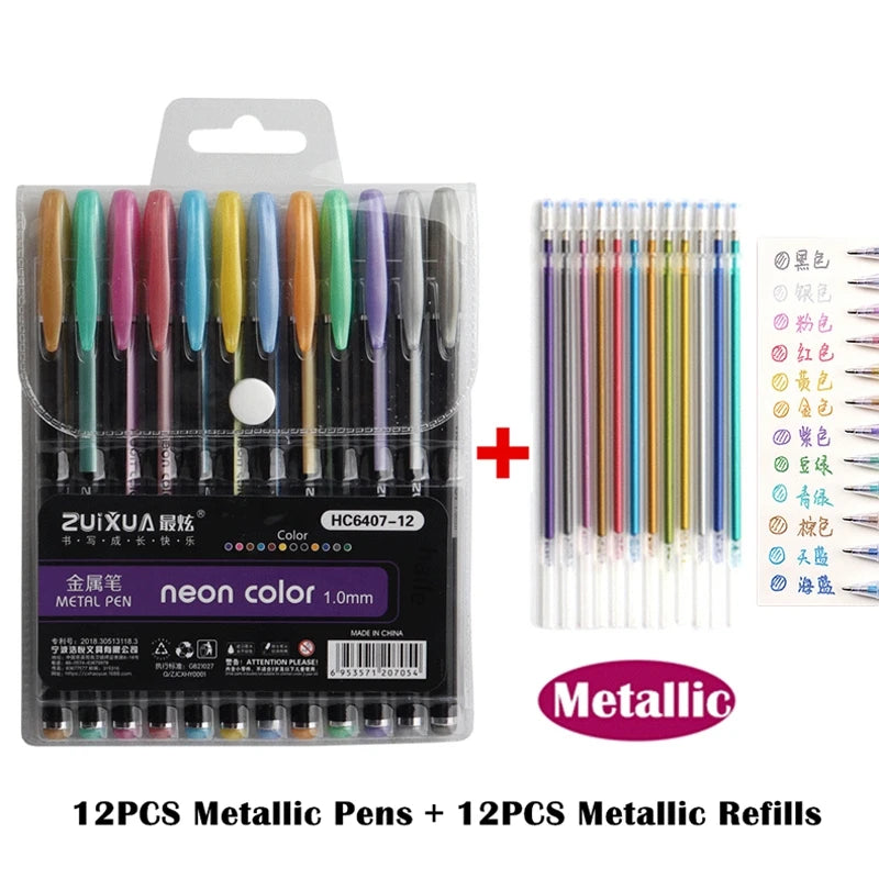 48 Metallic Glitter Gel Pens Set - Ideal for Colouring &amp; Drawing 12pc pen 12 Refill B