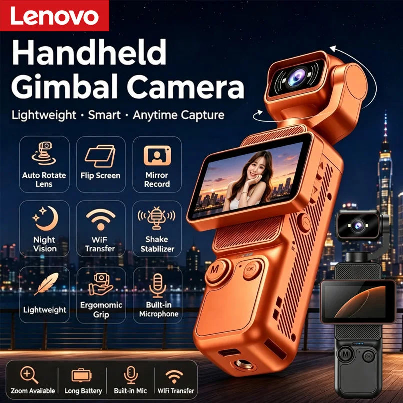 Lenovo 4K Handheld Gimbal Camera With Wi-Fi Transfer Image Stabilization HD Rotating Screen for Travel Outdoor Vlogging