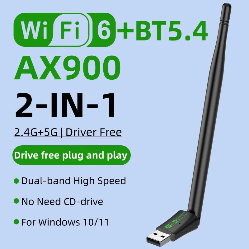 Αντάπτορας AX900 WiFi 6 USB με Bluetooth 5.4, Διπλής Ζώνης 2.4/5GHz, Χωρίς Οδηγούς
