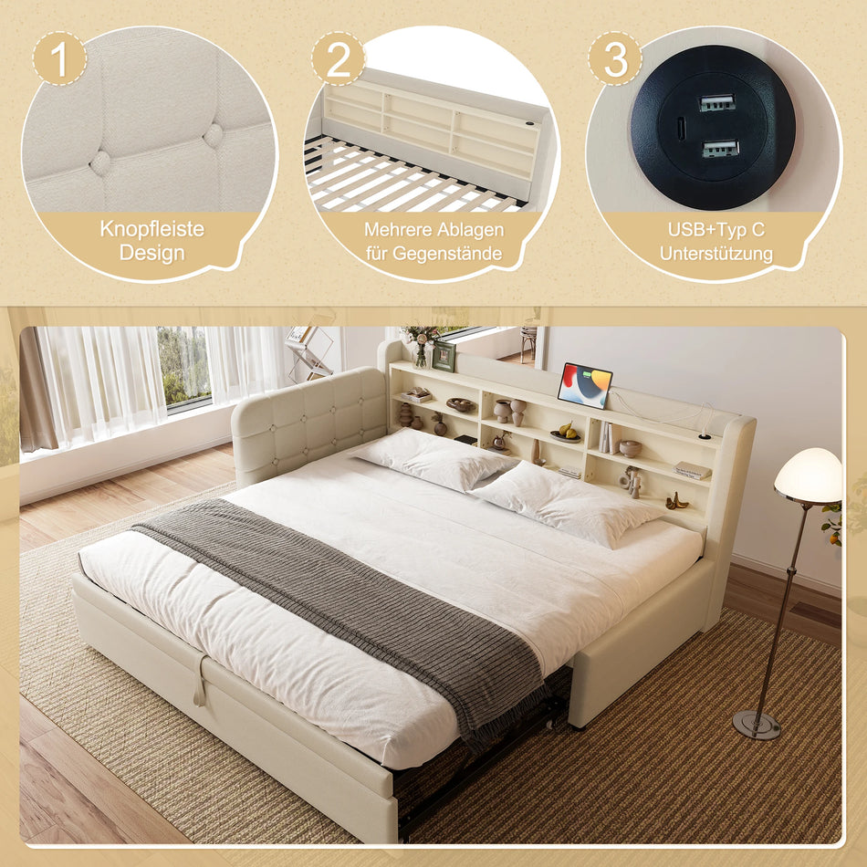 Łóżko dzienne 90x200 z wysuwanym designem i portami USB C do przechowywania