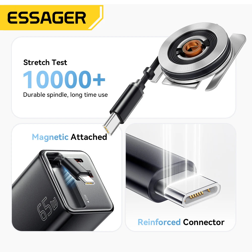 Essager 65W GaN Charger With Retractable Cable &ndash; PD Charge