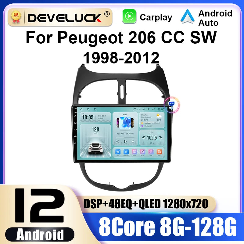 Autorádio Peugeot 206 206CC SW 9 palců Android 12 s GPS CarPlay Android Auto
