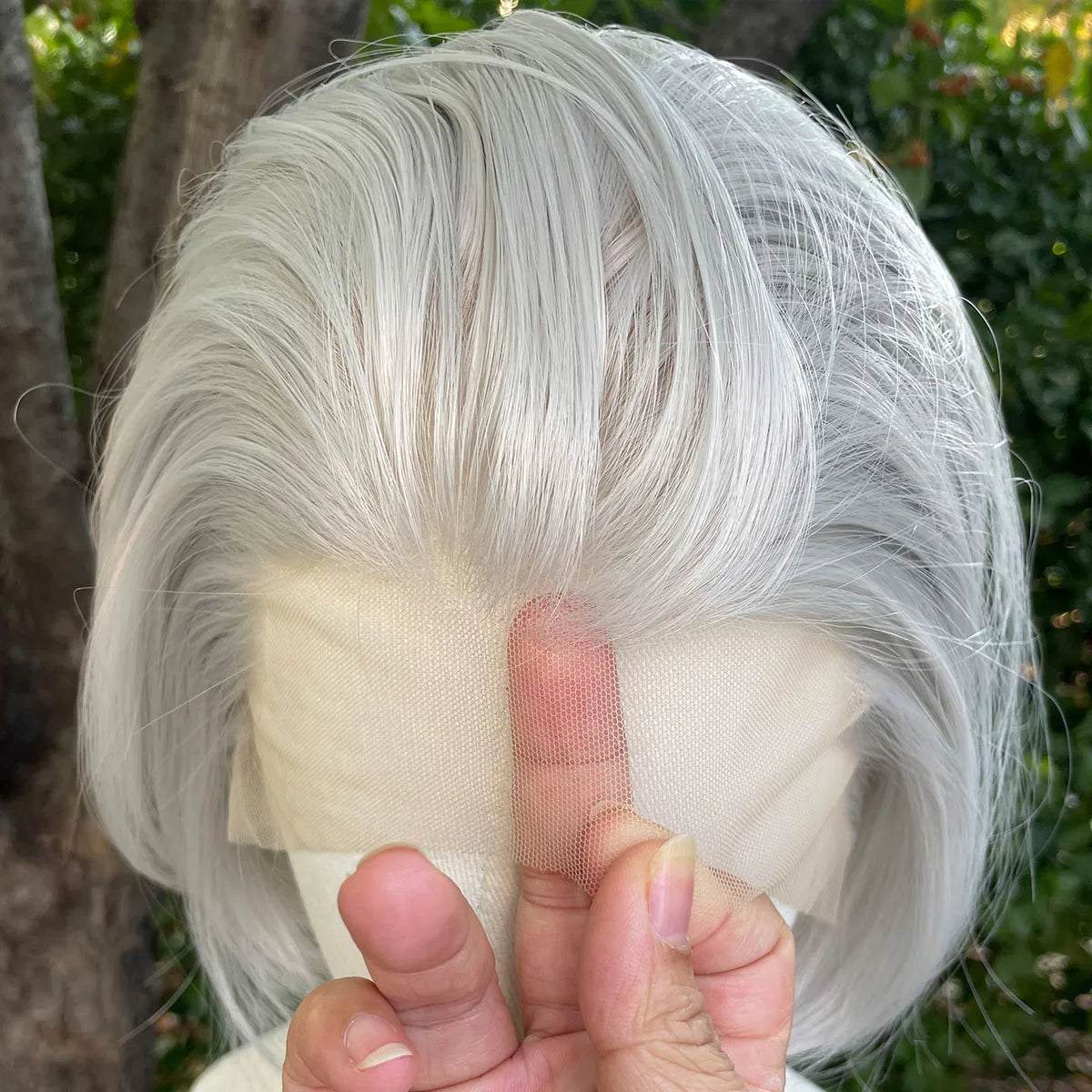 Artjosy Widow's Peak Sliver Grey Short Bob Lace Front Wig for Men and Women