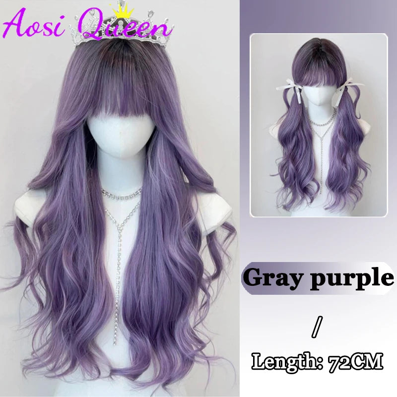 AosiQueen Black Pink Ombre Long Wavy Synthetic Wig with Bangs for Cosplay PURPLE