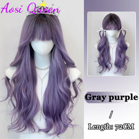 AosiQueen Black Pink Ombre Long Wavy Synthetic Wig with Bangs for Cosplay PURPLE