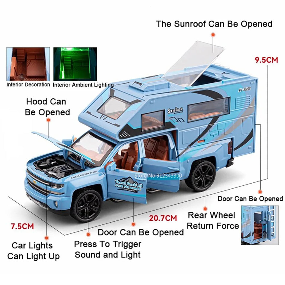 1:32 Diecast kamperski RV prikolica model avtomobila z zvokom, svetlobo in odprtimi vrati