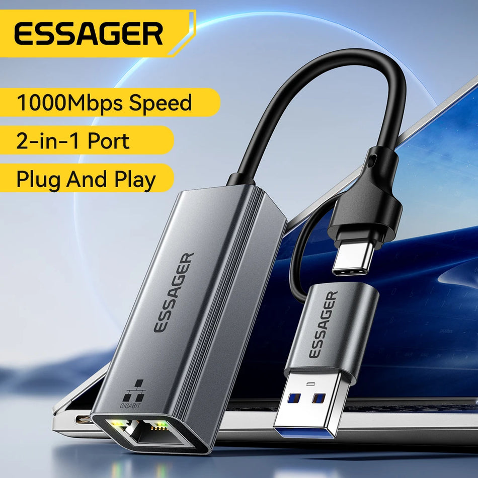 Essager 2-in-1 Ethernet Adapter USB A Type C RJ45 - Gigabit