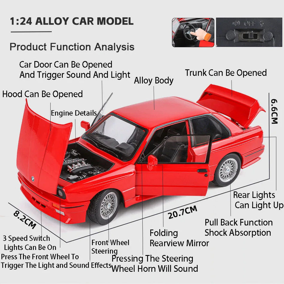 1:24 Diecast zlitinski model avtomobila s svetlobo, zvokom, povlekom in odprtimi vrati