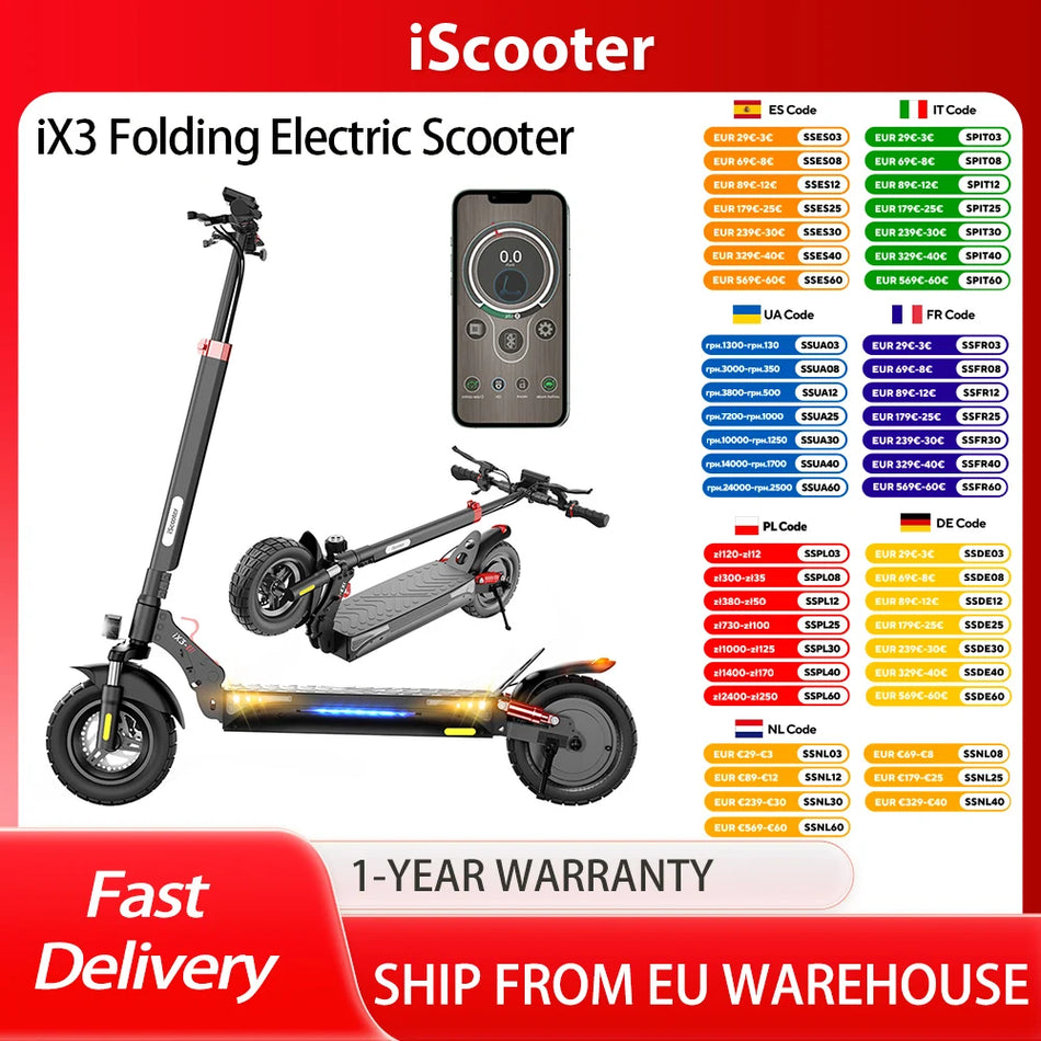 iScooter iX3 Πτυσσόμενο Ηλεκτρικό Πατίνι με Κινητήρα 800W, Μπαταρία 10Ah, Μέγιστη Ταχύτητα 40kmh