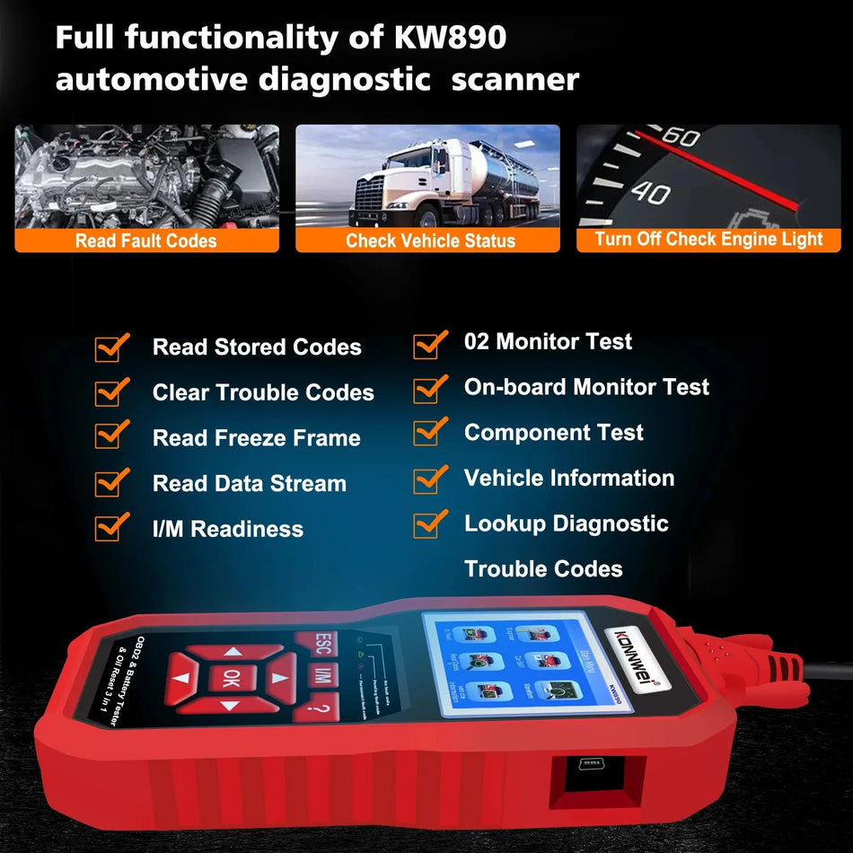KONNWEI KW890 OBD2 Скенер с Тест на Батерията, 3-в-1 Диагностичен Инструмент