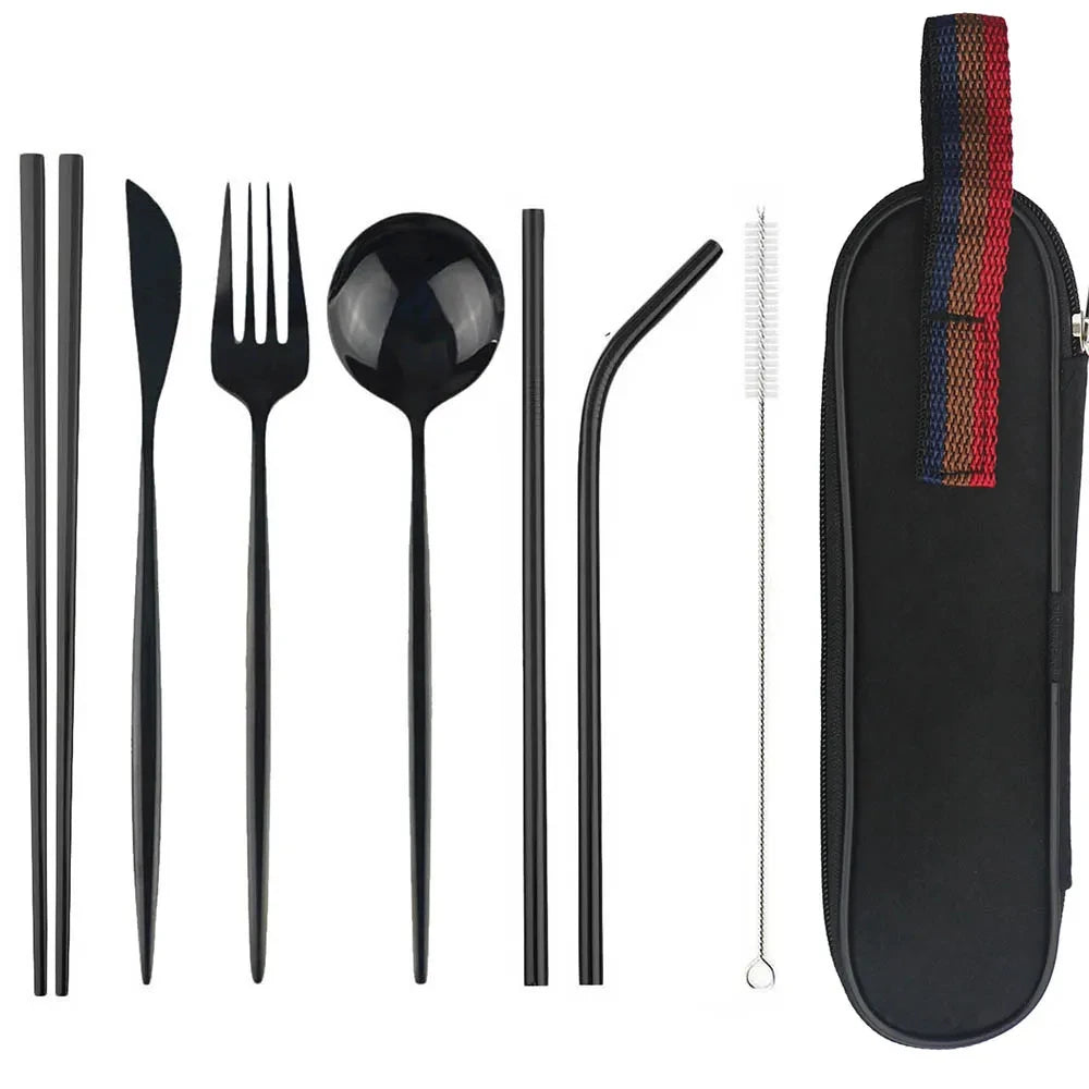 Travel Hiking Portable Dinnerware Set &ndash; Eco-Friendly Stainless Steel Cutlery Black Bag Black