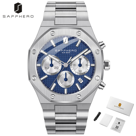 SAPPHERO Men's Watch &ndash; Waterproof Chronograph With Date Silver-blue