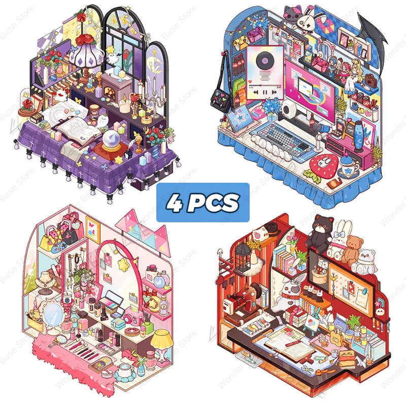 3D DIY Plus Size Corner Desk Miniature Sticker Set for Creative Play 4PCS