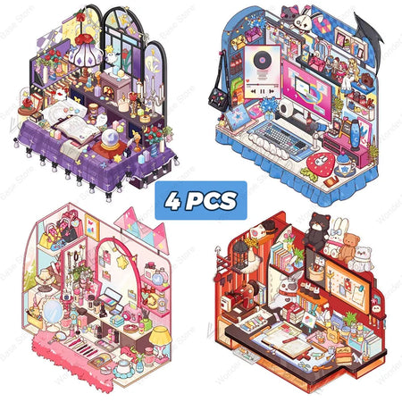 3D DIY Plus Size Corner Desk Miniature Sticker Set for Creative Play 4PCS