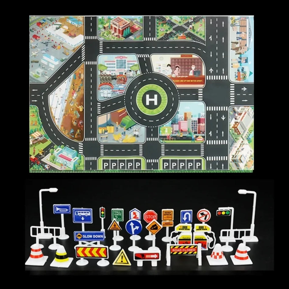 Baby-Spielmatte mit Stadtverkehrsstraßenkarte und Verkehrsschildern aus weichem Polyester