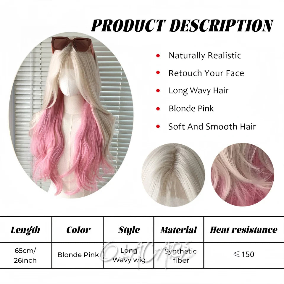 OLACARE Long Curly Wavy Pink Blonde Synthetic Wig with Fluffy Bangs