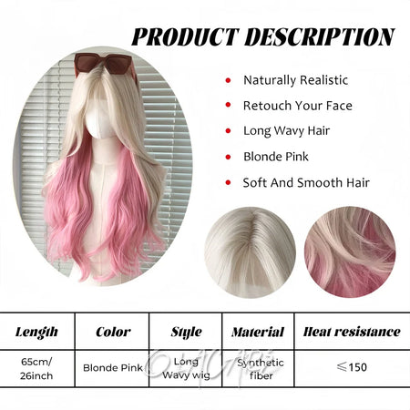 OLACARE Long Curly Wavy Pink Blonde Synthetic Wig with Fluffy Bangs