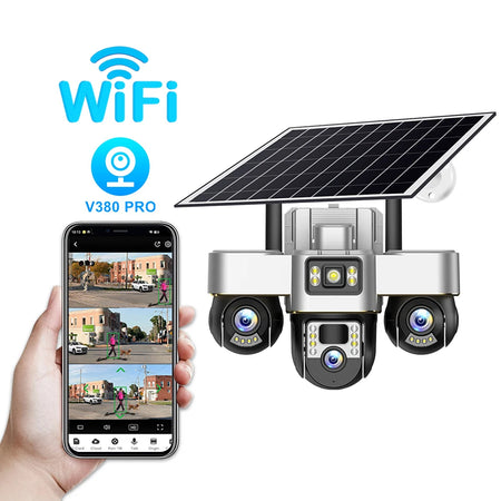 V380 Pro WIFI Three PTZs Lens Solar Camera 15MP Outdoor Waterproof CCTV Mobile Tracking IP Cam Night Vision Two-Way Audio Camera WIFI Camera