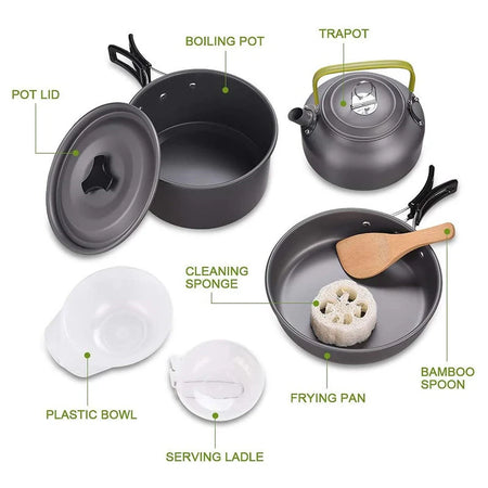 Camping Cookware Kit Outdoor Aluminum Cooking Set Water Kettle Pan Pot Hiking Picnic Tableware Equipment 0.8 Liter Kettle