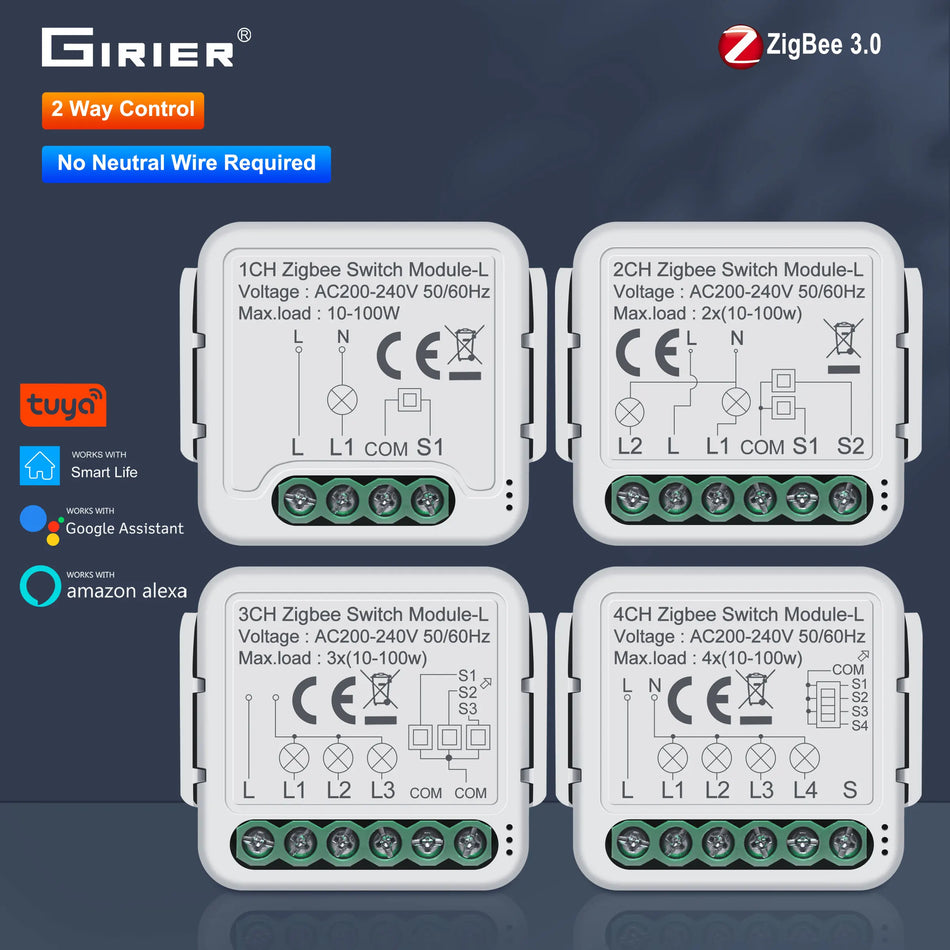 GIRIER ZigBee 3.0 Smart Light Switch Module - No Neutral Wire, Voice and App Control