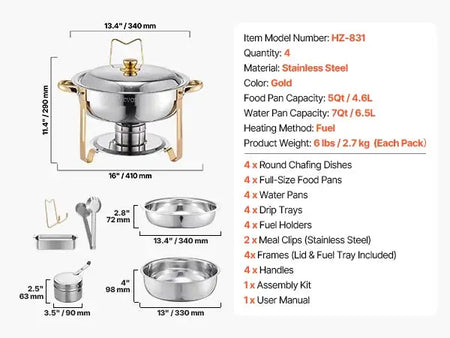4 Pack Stainless Steel Chafing Dish Set For Party gold / CZECH REPUBLIC