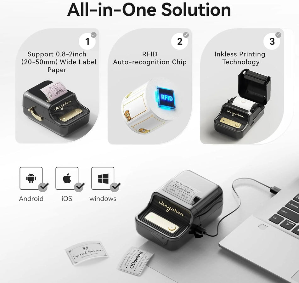 Mini prenosni termalni tiskalnik nalepk s papirnatimi koluti, Bluetooth, brez črnila