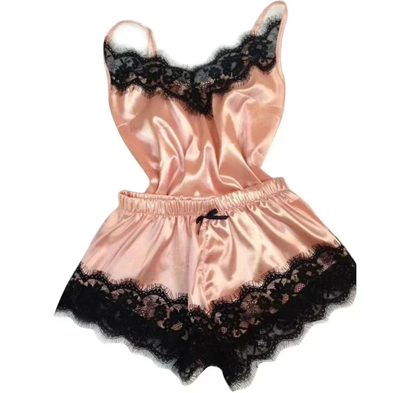 Summer Lace Silk Pajama Set Women Sleepwear - Sexy &amp; Comfortable Lingerie Cami Top with Shorts Pink / S