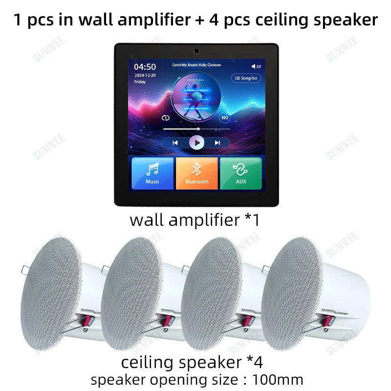 4 Inch Touch Screen In-Wall Bluetooth Power Amplifier with Ceiling Speakers Black amp-4 spks