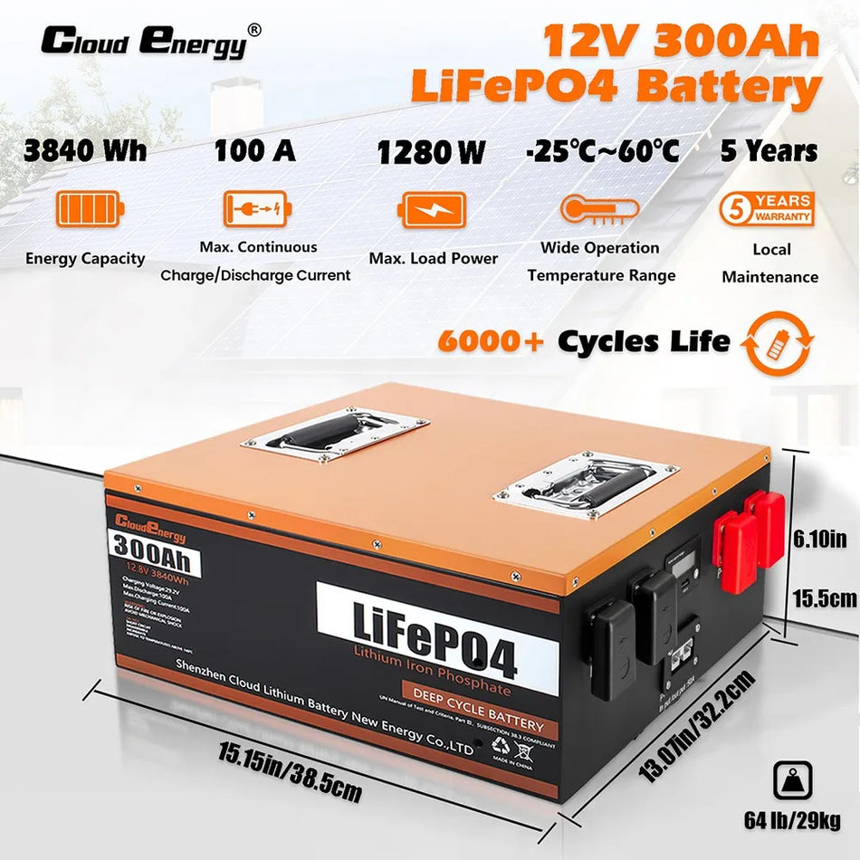 Cloudenergy LiFePO4 12V 300Ah Akumulatoru komplekts ar 3840Wh virs 6000 cikliem 100A BMS off grid lietošanai