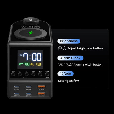 ASOMETECH 240W GaN Charger Station &ndash; Fast Wireless Charging with Time Display