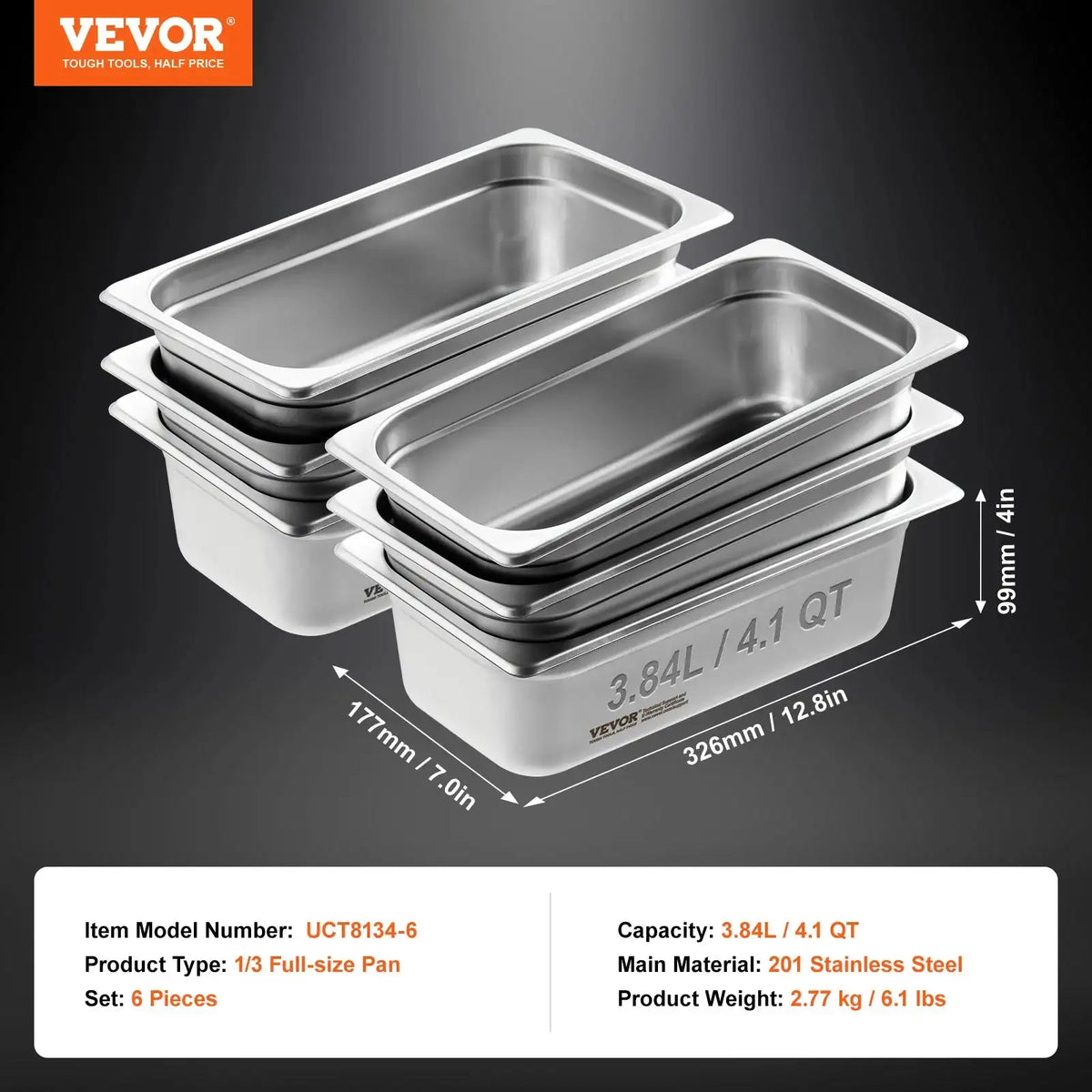 One Third Size Stainless Steel Steam Table Pan 6pcs 4in / United States