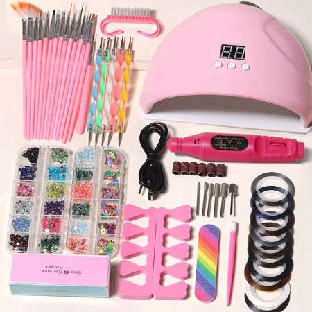 YIKOOLIN Pro Nail Art Kit With LED UV Lamp &ndash; Fast Curing Set-144-Pink