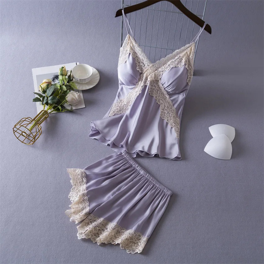 Sexy Lace Lingerie Set for Women - V-Neck, Sleeveless, Summer Wear lavender / XXL