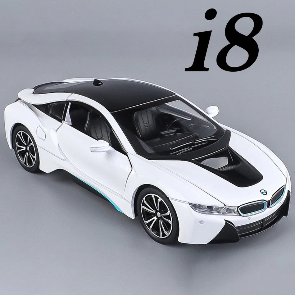Mașină de jucărie diecast la scară 1:22 I8 SL63, caroserie din aliaj, sunet și lumină, uși deschise.