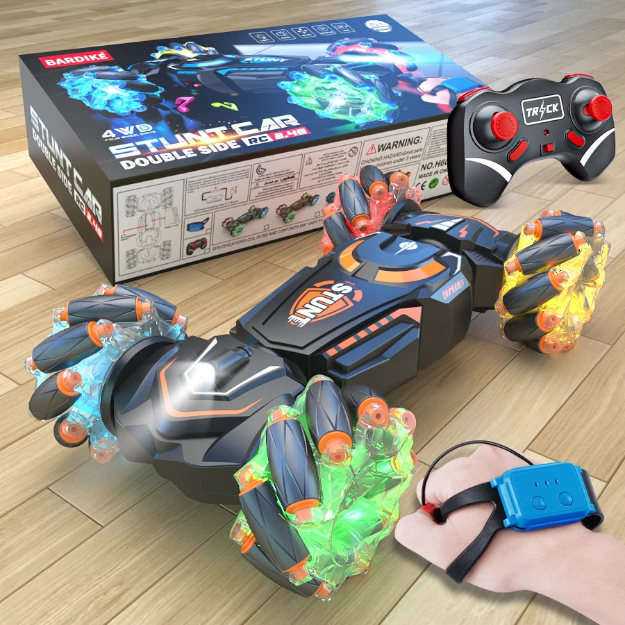 4WD RC Stunt Car - 2.4G Remote Control, Sound &amp; Light, Rotating Drift, Kids' Toy H6020-orange-2rc