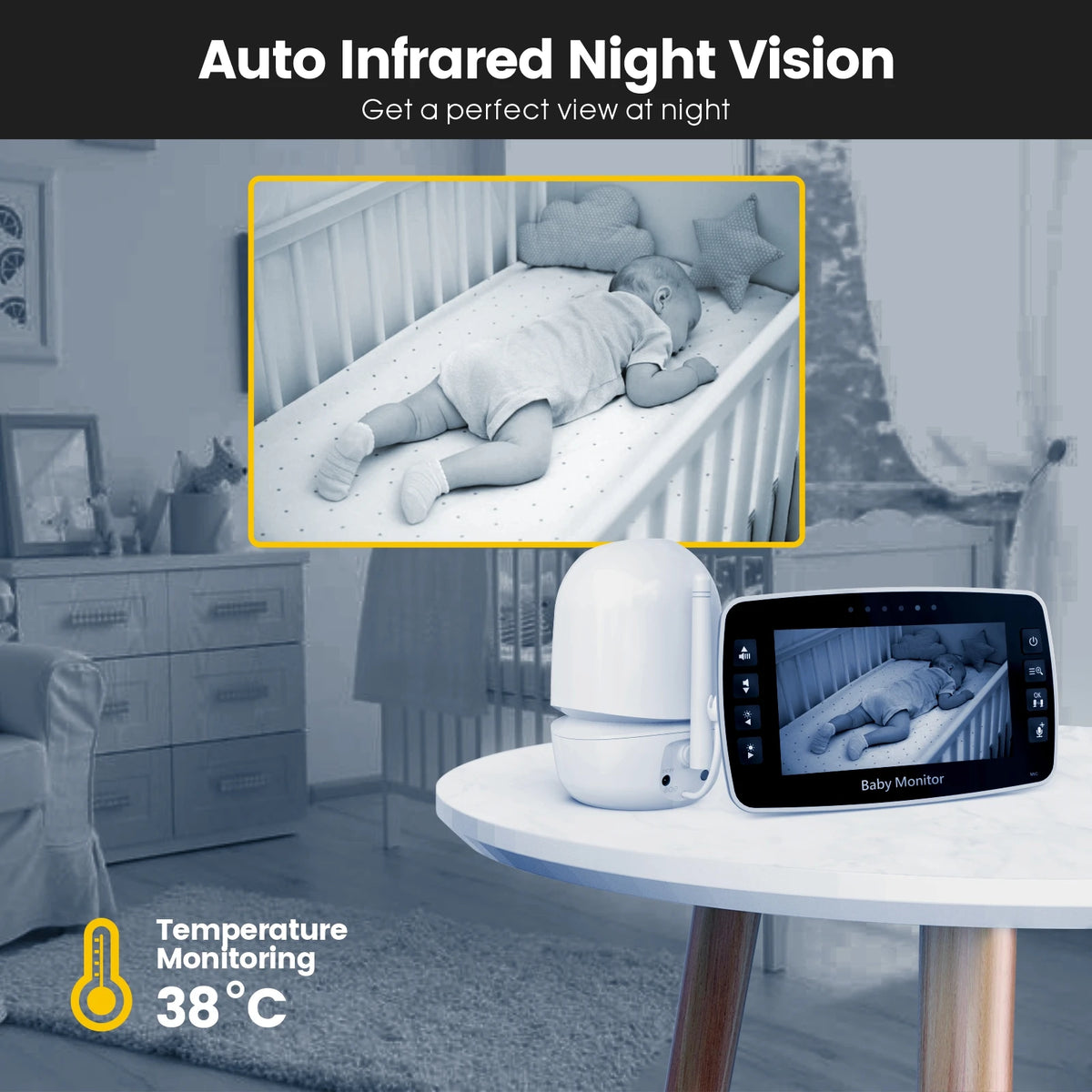 4.3-Inch Wireless PTZ Baby Monitor with Temperature Display