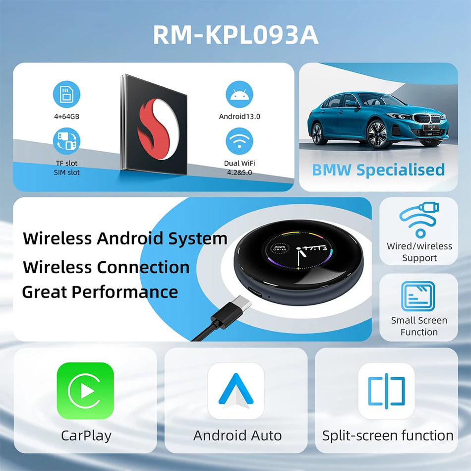 Caixa de Atualização BMW Wireless CarPlay Android 13 para ID6 ID7 ID8 ID9 com Ecrã Touch