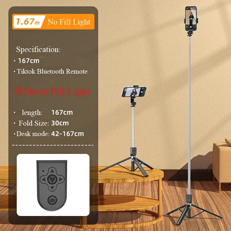 Erilles 1.67M Bluetooth Wireless Selfie Stick Tripod with Fill Light Without Fill Light / CHINA