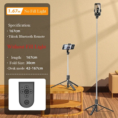 Erilles 1.67M Bluetooth Wireless Selfie Stick Tripod with Fill Light Without Fill Light / CHINA