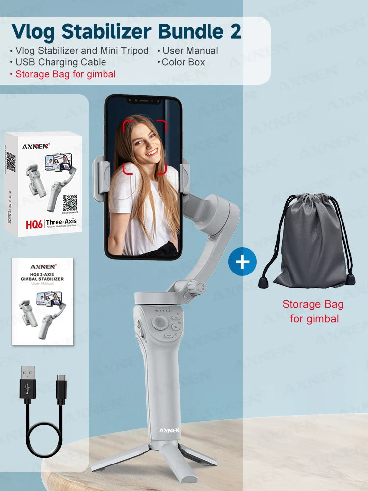 HQ6 3 Axis Anti-Shake Vlog Stabilizer &ndash; Adjustable Fill Light and Face Tracking AXNEN HQ6 Bundle 2 / CHINA