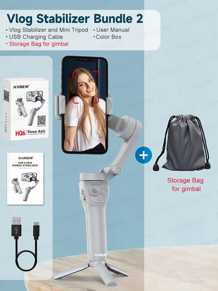 HQ6 3 Axis Anti-Shake Vlog Stabilizer &ndash; Adjustable Fill Light and Face Tracking AXNEN HQ6 Bundle 2 / CHINA